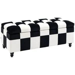 114 x 47 x 47cm Velvet Storage Ottoman, Button-tufted Footstool Box, Toy Chest with Lid for Living Room, Bedroom, White and Black