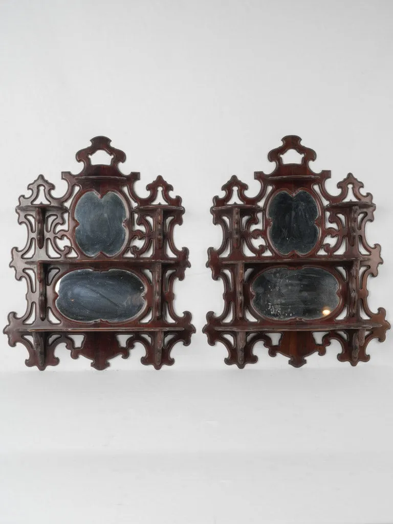 19th-century English pair of mahogany wall shelves w/ mercury mirrors 30¼" x 24¾"