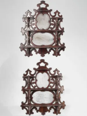 19th-century English pair of mahogany wall shelves w/ mercury mirrors 30¼" x 24¾"