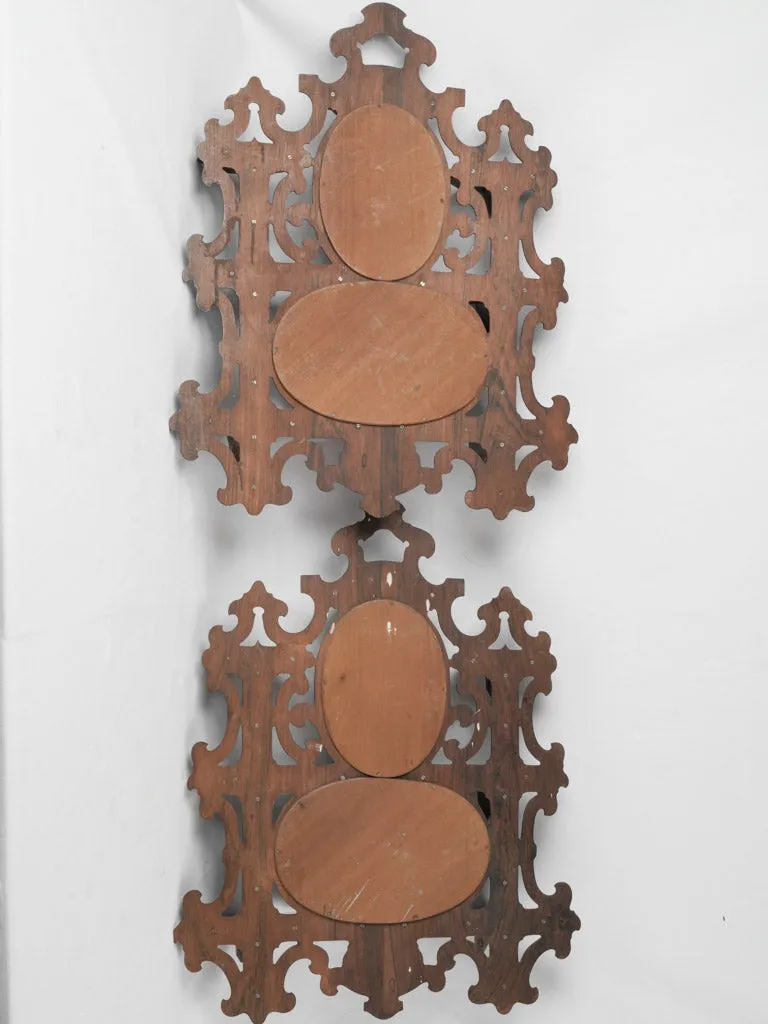 19th-century English pair of mahogany wall shelves w/ mercury mirrors 30¼" x 24¾"