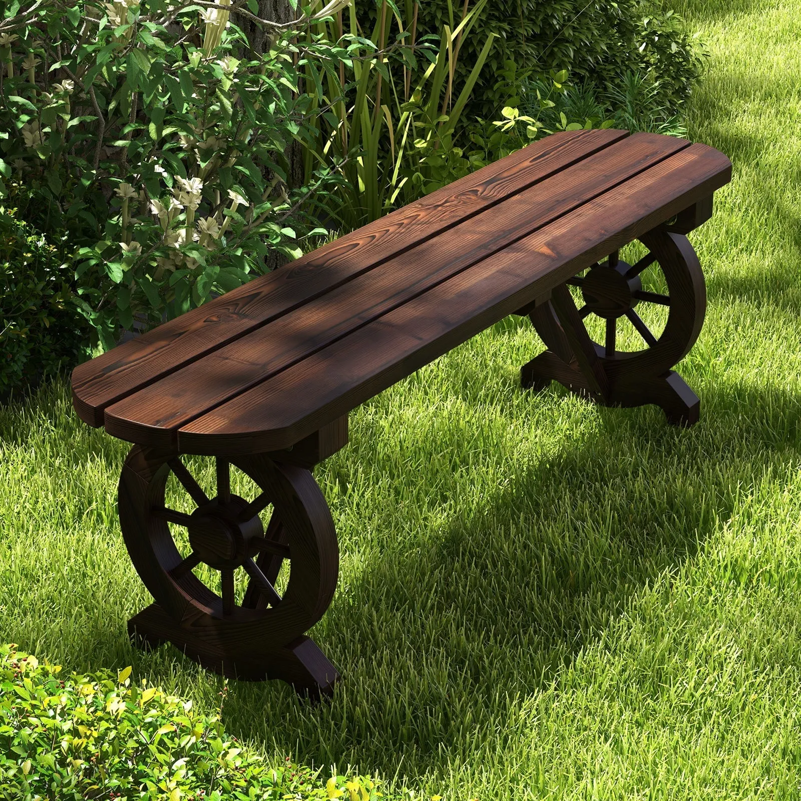 2-Seat Patio Wood Bench with Wagon Wheel Base and Slatted Seat