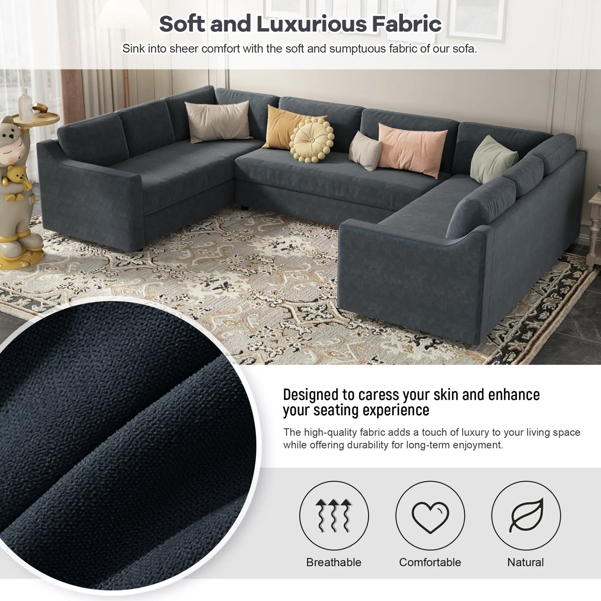 3 Piece Modern Luxury Upholstered U-Shaped Large Sectional Sofa