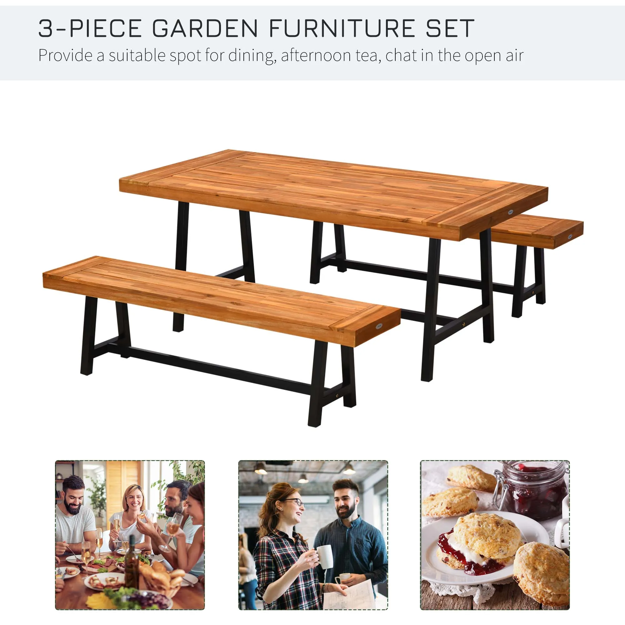 3 Pieces Acacia Wood Picnic Table and 2 Benches Set Dining Trestle Beer Table Patio Outdoor Indoor Furniture