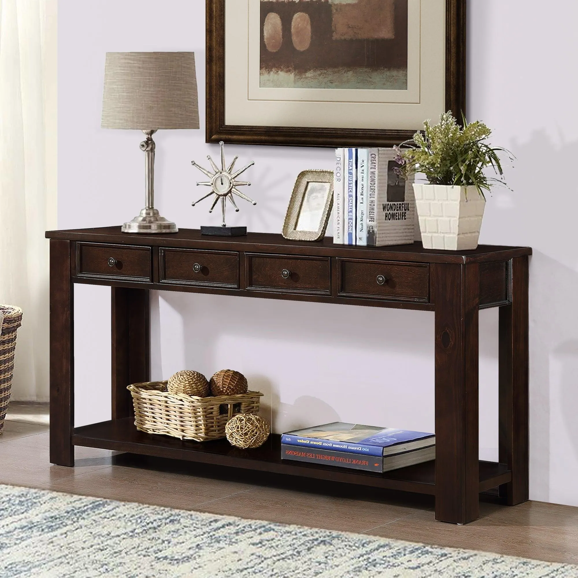 63" Pine Wood Console Table with 4 Drawers and Bottom Shelf, Light Espresso