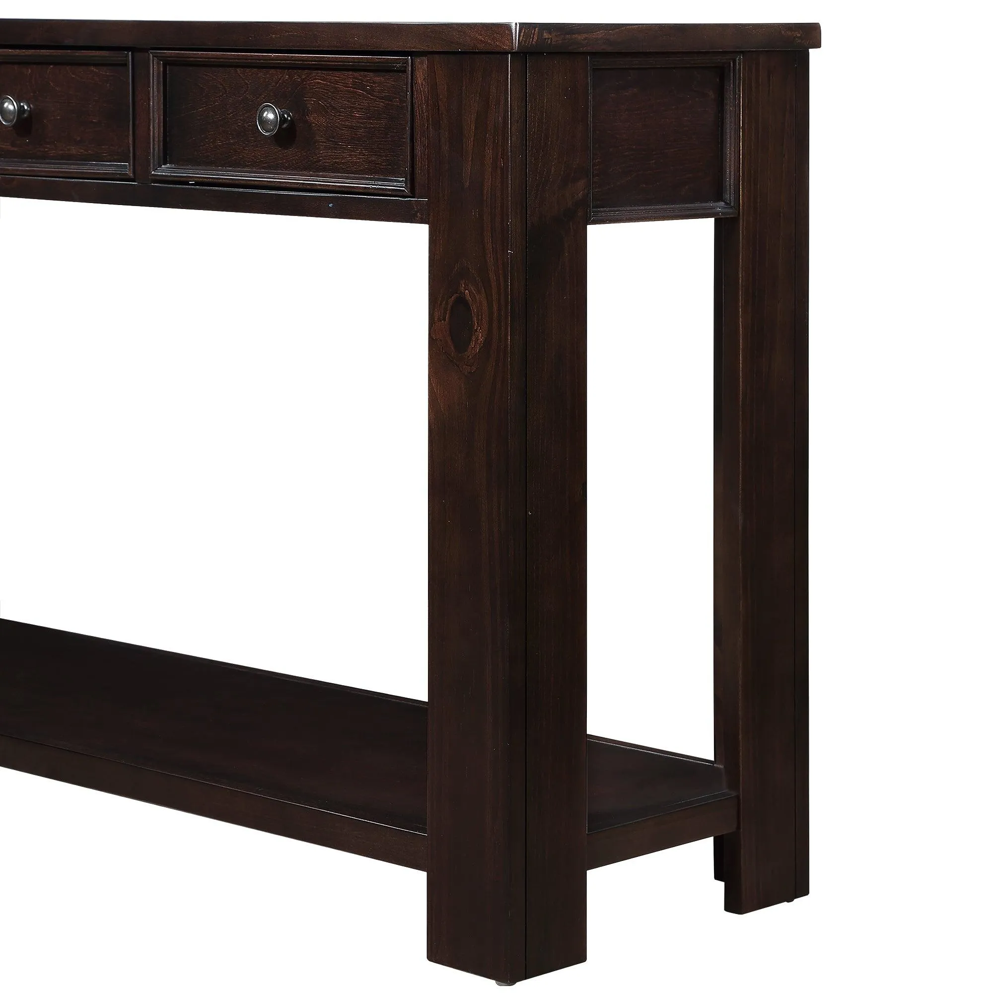 63" Pine Wood Console Table with 4 Drawers and Bottom Shelf, Light Espresso