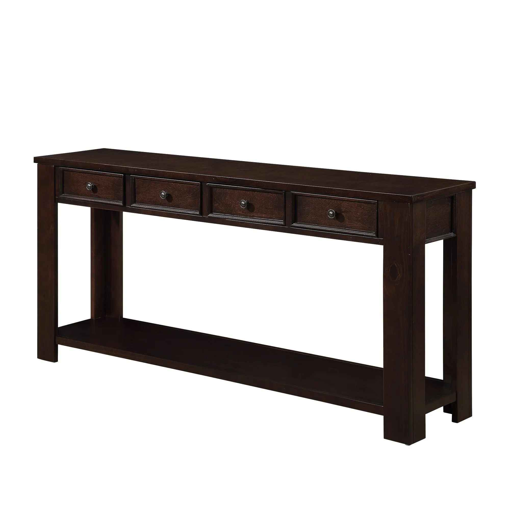 63" Pine Wood Console Table with 4 Drawers and Bottom Shelf, Light Espresso