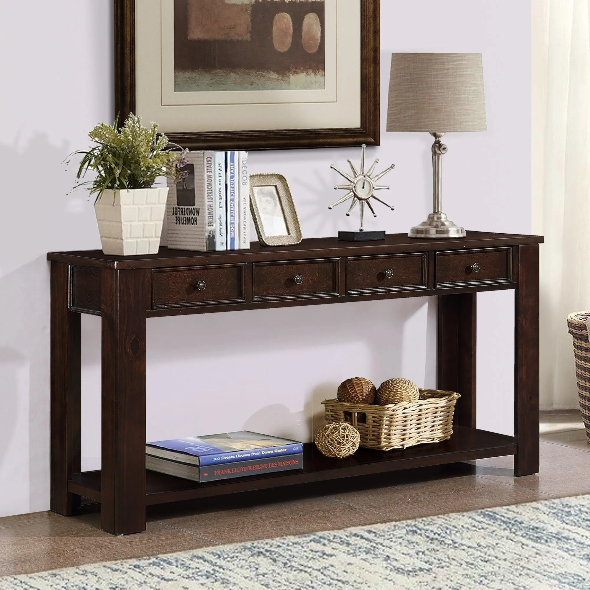 63" Pine Wood Console Table with 4 Drawers and Bottom Shelf, Light Espresso