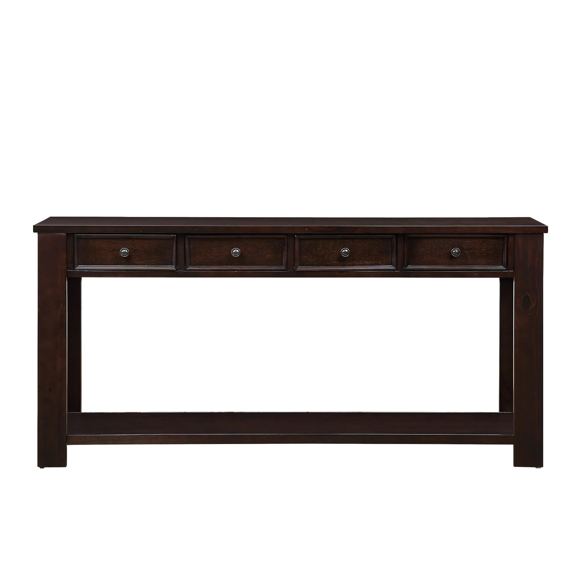 63" Pine Wood Console Table with 4 Drawers and Bottom Shelf, Light Espresso