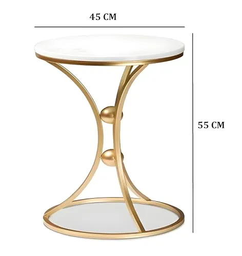 A.B.D HOME DECOR Round Modern Side Table, Coffee Table, End Table | Faux Marble Pattern Wooden Top | Metal Frame | Ball (Gold White)