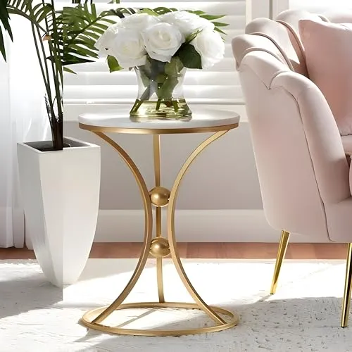 A.B.D HOME DECOR Round Modern Side Table, Coffee Table, End Table | Faux Marble Pattern Wooden Top | Metal Frame | Ball (Gold White)