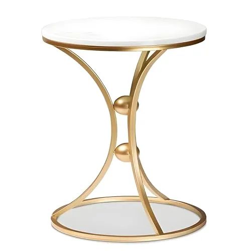 A.B.D HOME DECOR Round Modern Side Table, Coffee Table, End Table | Faux Marble Pattern Wooden Top | Metal Frame | Ball (Gold White)