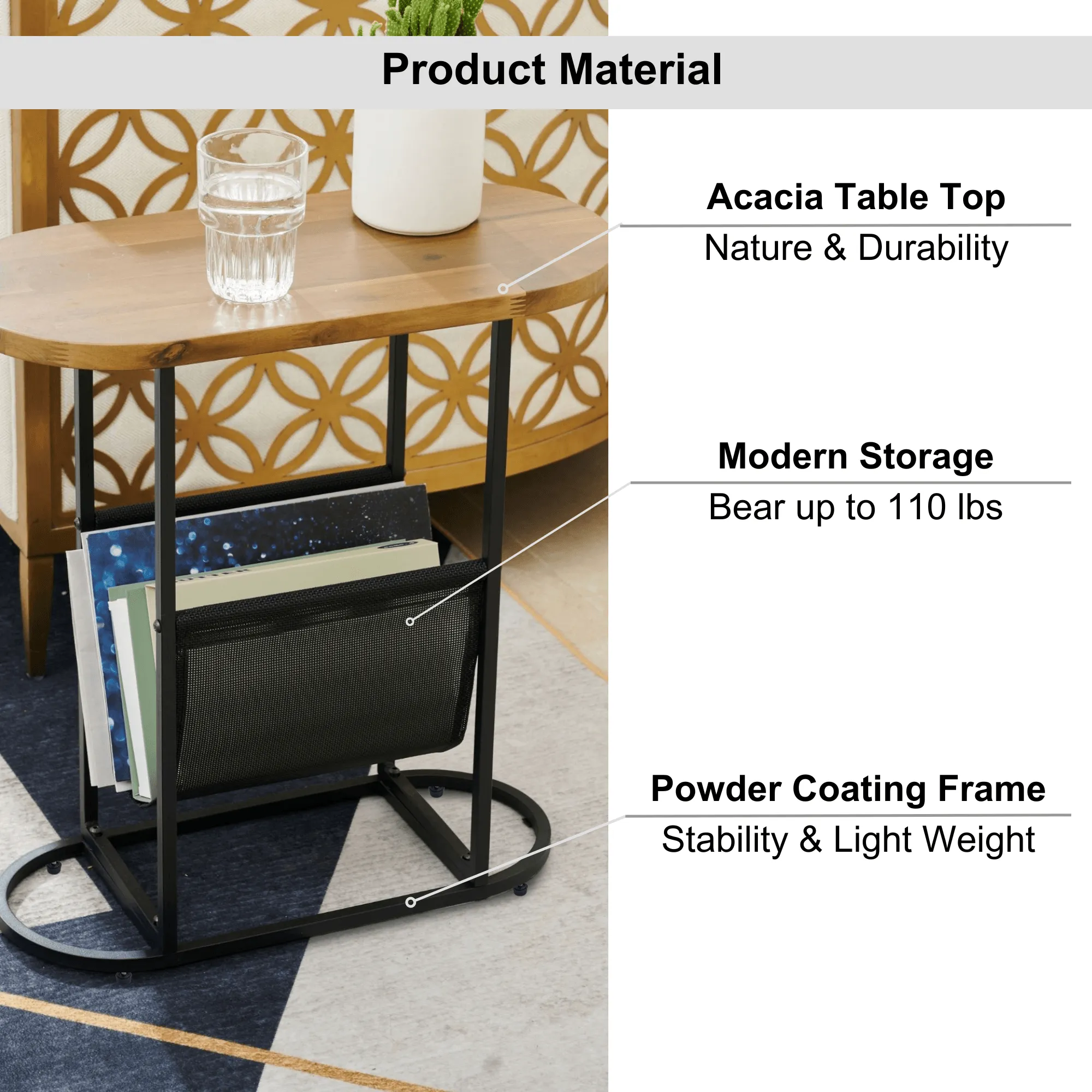 Acacia Wood Oval Side Table with Powder-Coated Metal Frame – American Design