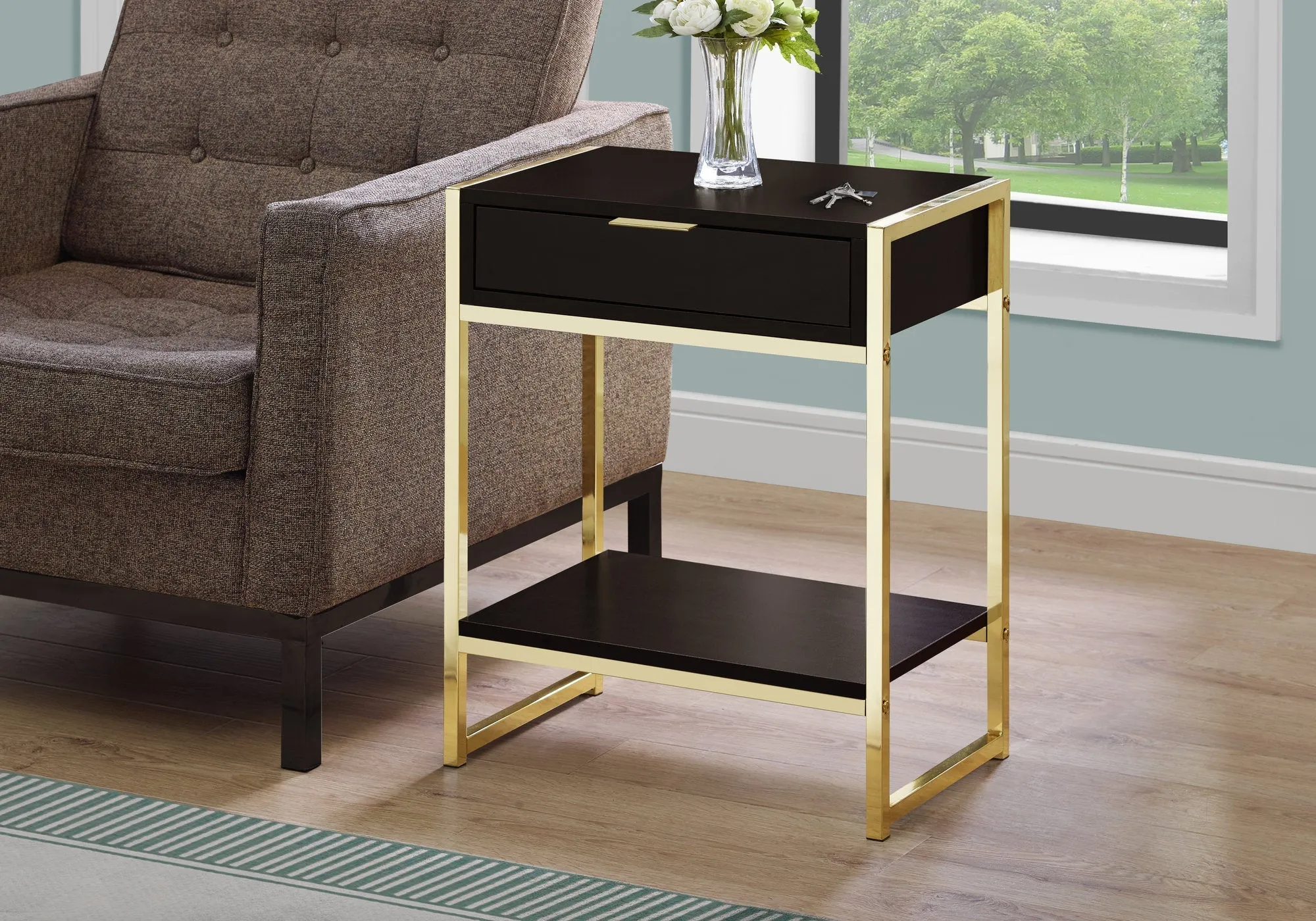 Accent Table - 24"H / Cappuccino / Gold Metal