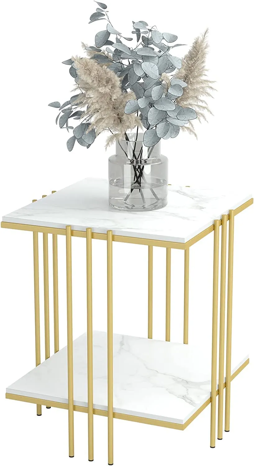 Akifi Craft Marble Top Side Table Gold 2 Tier Square White End Table Sintered Stone Marbles Tabletop Modern Small Bedside with Metal Golden Leg Nightstand Sofa Accent Table Home Furniture: (Style-2)