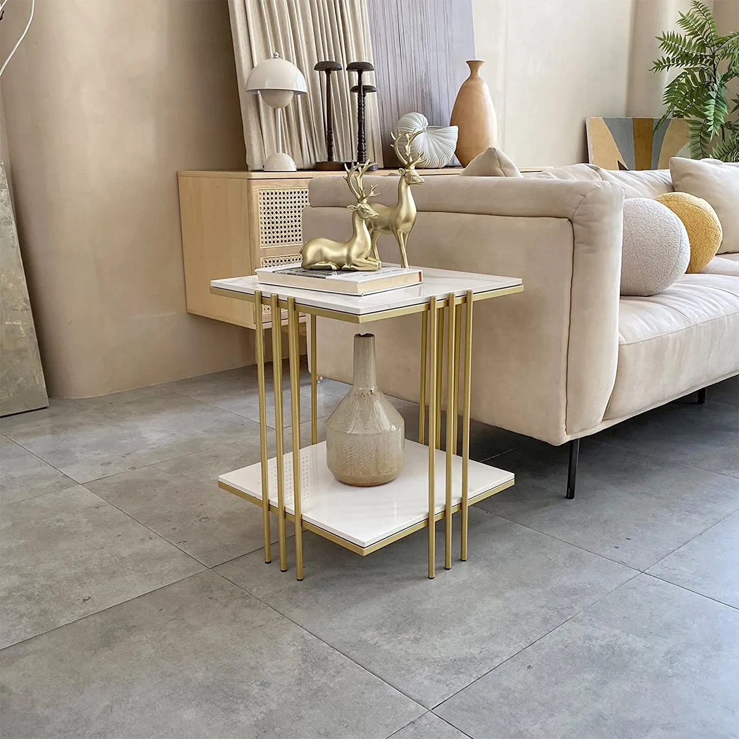 Akifi Craft Marble Top Side Table Gold 2 Tier Square White End Table Sintered Stone Marbles Tabletop Modern Small Bedside with Metal Golden Leg Nightstand Sofa Accent Table Home Furniture: (Style-2)