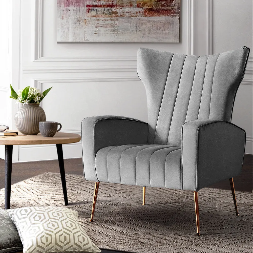 Armchair High Back Lounge Accent Chairs Velvet Seat - Grey