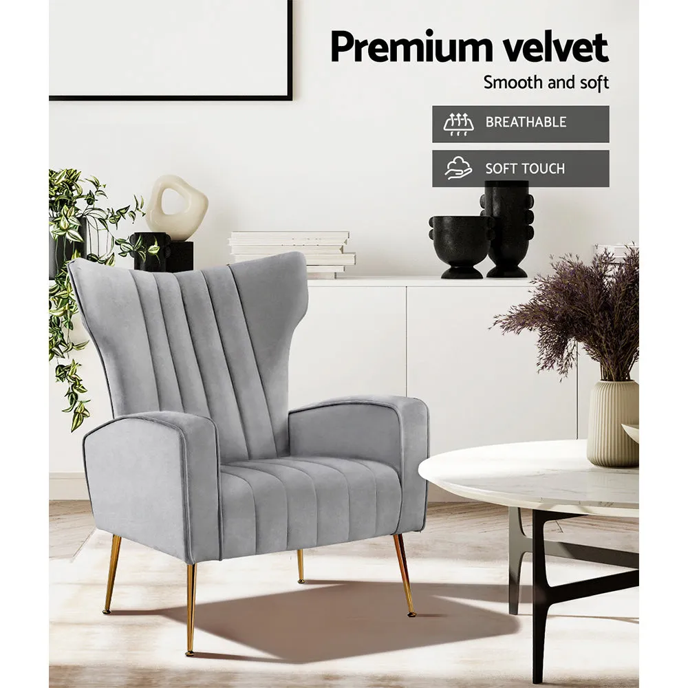 Armchair High Back Lounge Accent Chairs Velvet Seat - Grey