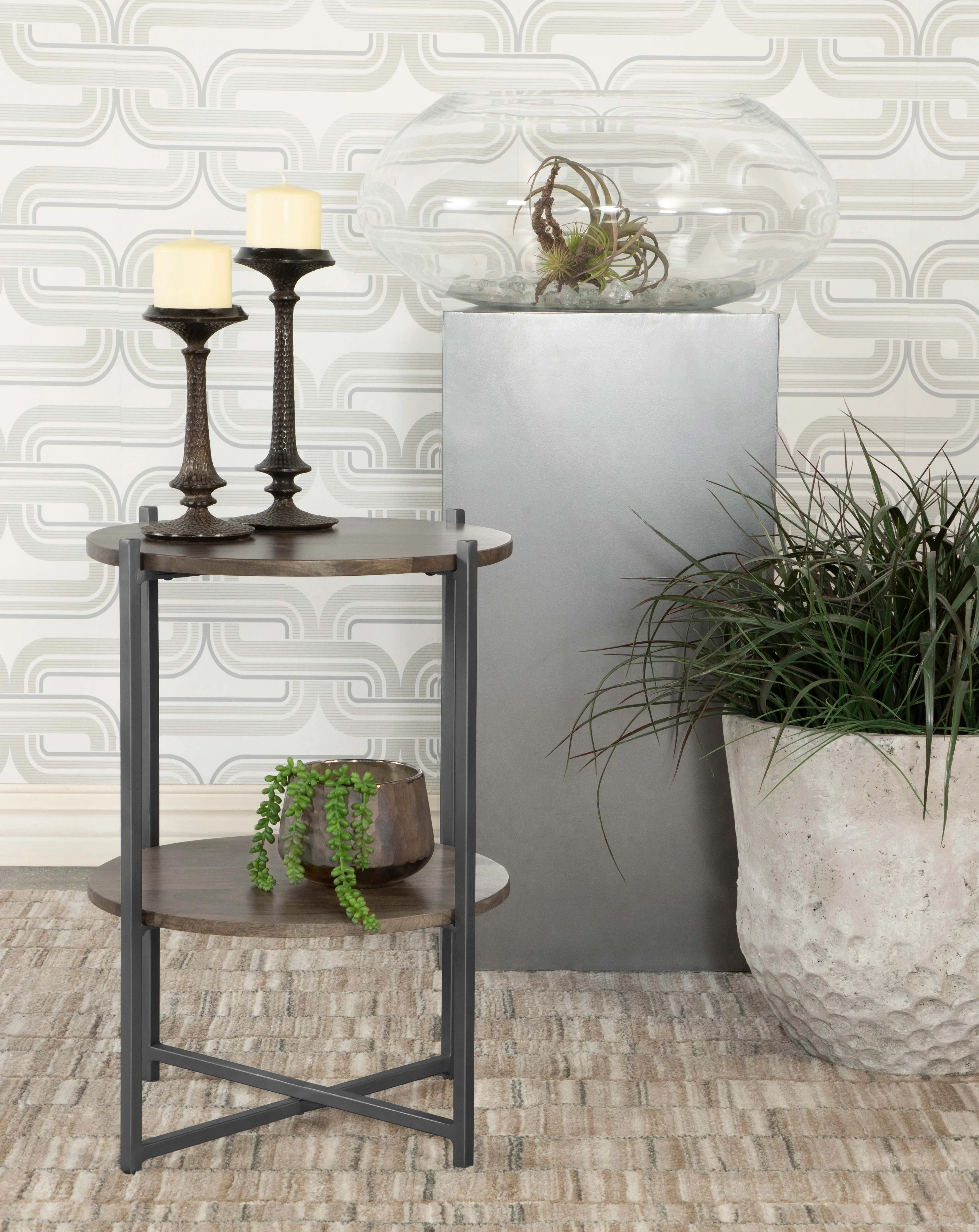 Axel Round Accent Table with Open Shelf Natural and Gunmetal