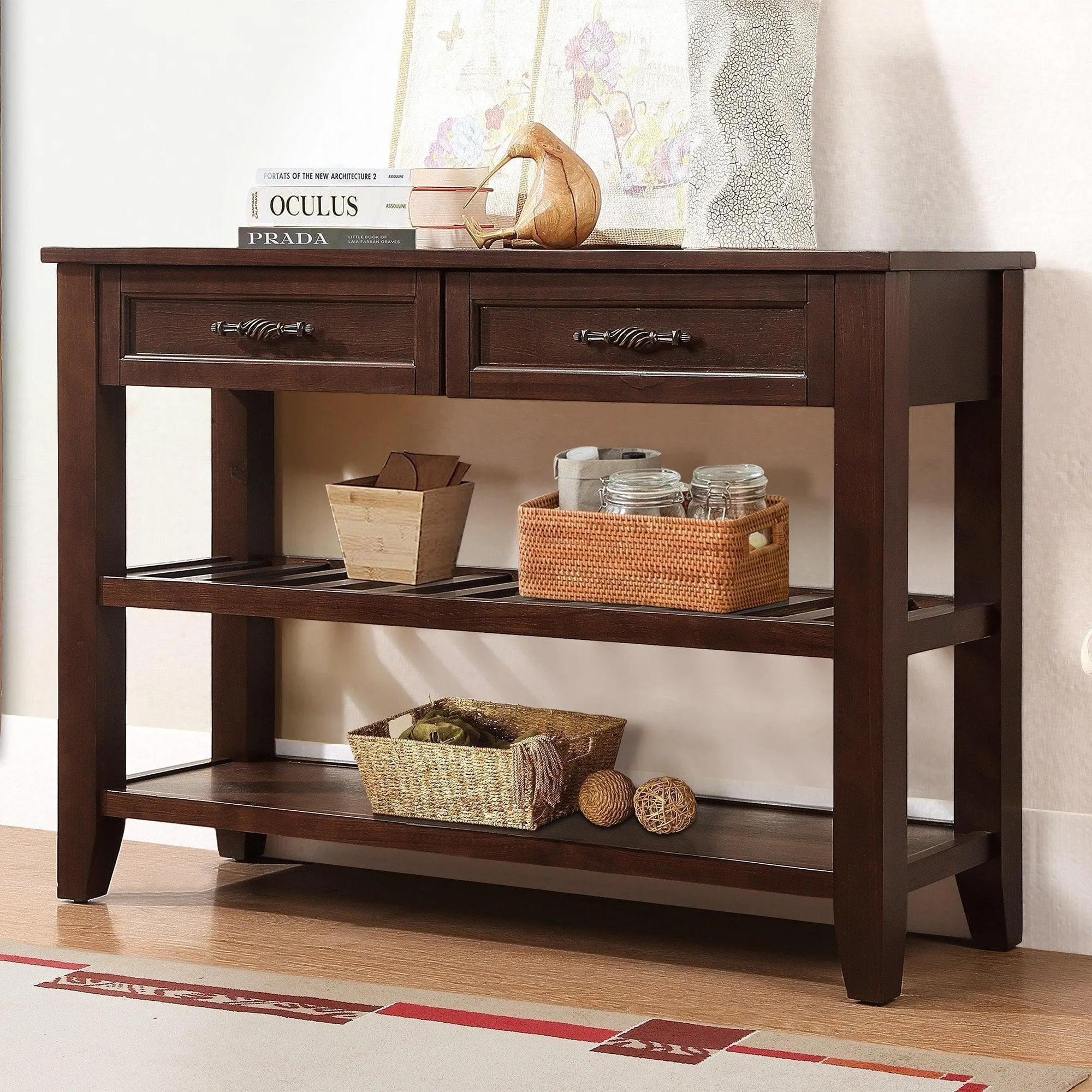 Console Sofa Table, 42'' Mid-Century Style with 2 Drawers and 2 Shelves, Espresso