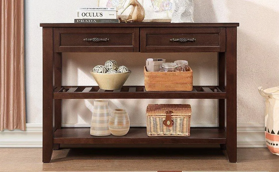 Console Sofa Table, 42'' Mid-Century Style with 2 Drawers and 2 Shelves, Espresso