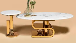 Golden Oval Centre Table Set of Two with Curvy Design and Marble Top