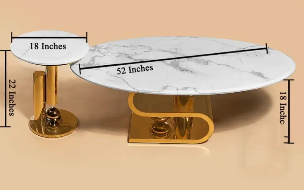 Golden Oval Centre Table Set of Two with Curvy Design and Marble Top