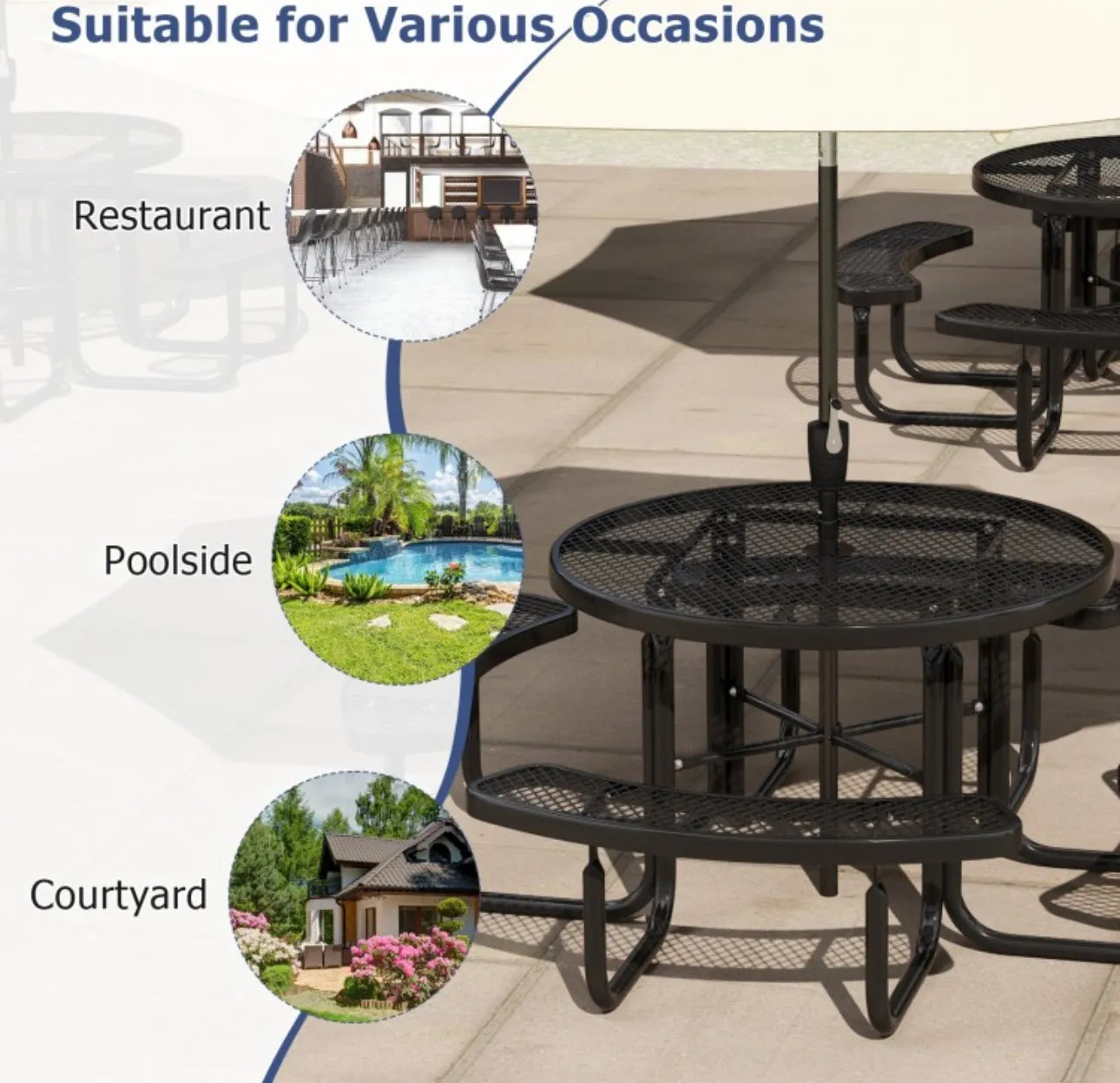 Heavy Duty 8-Person Outdoor Dining Set Picnic Table, 45 Inch Patio Table & Bench | Rust, Water Resistant With Umbrella Hole