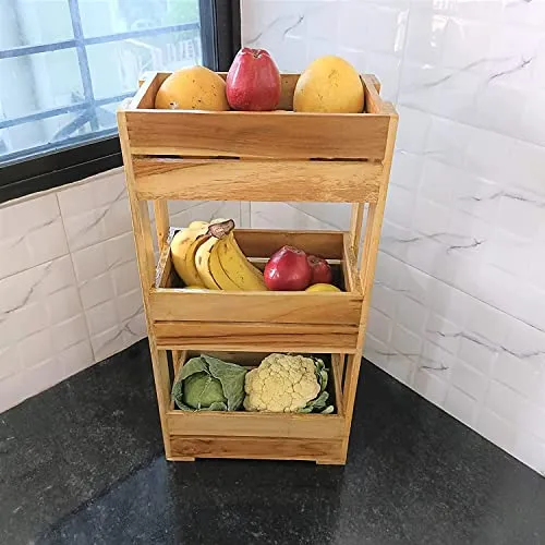 HOZCRAFT Three Tiered Shelf Wooden Shelf Multipurpose Fruits,Vegetable,Onion,Potato,Sabji Storage Stand Trolley&Basket Rack For Floor Mount Kitchen(23 X 11 Inches)(Wooden)– Pure Teakwood(Kr018)