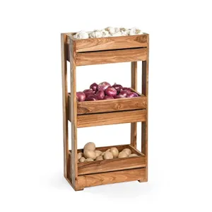 HOZCRAFT Three Tiered Shelf Wooden Shelf Multipurpose Fruits,Vegetable,Onion,Potato,Sabji Storage Stand Trolley&Basket Rack For Floor Mount Kitchen(23 X 11 Inches)(Wooden)– Pure Teakwood(Kr018)