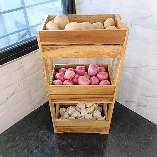 HOZCRAFT Three Tiered Shelf Wooden Shelf Multipurpose Fruits,Vegetable,Onion,Potato,Sabji Storage Stand Trolley&Basket Rack For Floor Mount Kitchen(23 X 11 Inches)(Wooden)– Pure Teakwood(Kr018)