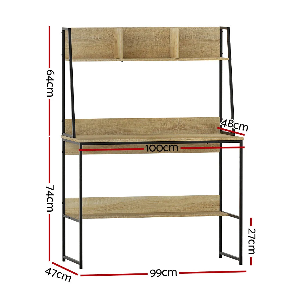 Industrial 100CM Computer Desk with Bookshelf, Oak - Artiss