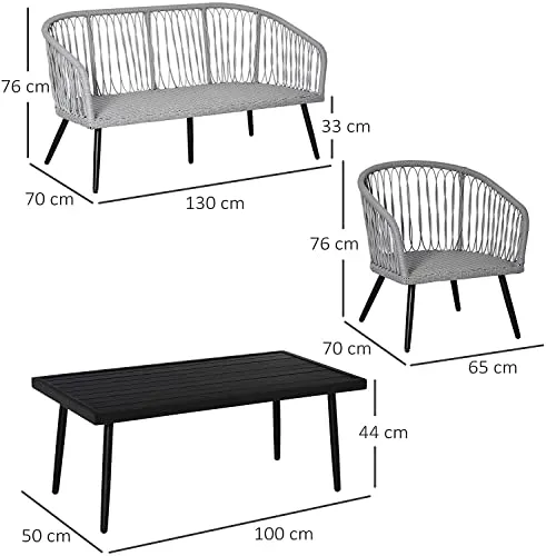 LOCCUS 4 Piece Rattan Patio Sofa Set Garden Furniture Set with 2 Single Cushioned Sofas, 1 Loveseat and 1 Coffee Table for Outdoor, Backyard, Grey (Grey1)