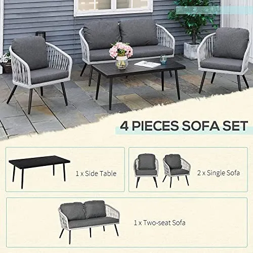 LOCCUS 4 Piece Rattan Patio Sofa Set Garden Furniture Set with 2 Single Cushioned Sofas, 1 Loveseat and 1 Coffee Table for Outdoor, Backyard, Grey (Grey1)