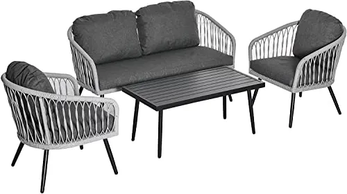 LOCCUS 4 Piece Rattan Patio Sofa Set Garden Furniture Set with 2 Single Cushioned Sofas, 1 Loveseat and 1 Coffee Table for Outdoor, Backyard, Grey (Grey1)