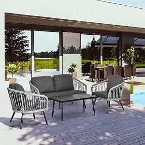 LOCCUS 4 Piece Rattan Patio Sofa Set Garden Furniture Set with 2 Single Cushioned Sofas, 1 Loveseat and 1 Coffee Table for Outdoor, Backyard, Grey (Grey1)