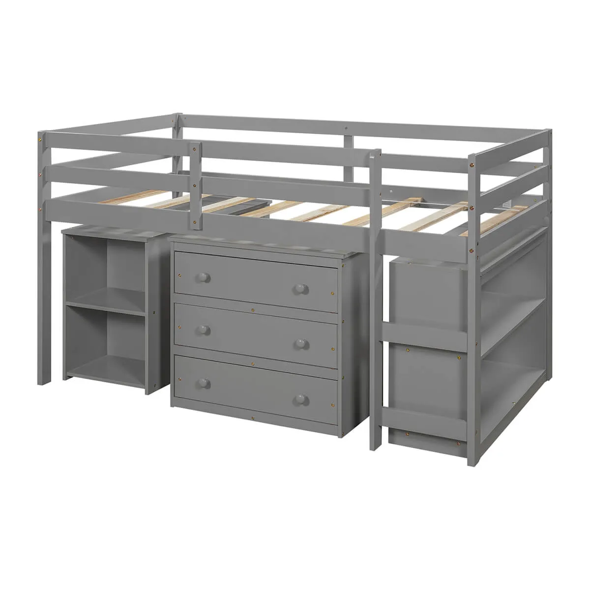 Low Study Twin Loft Bed with Cabinet and Rolling Portable Desk, Gray