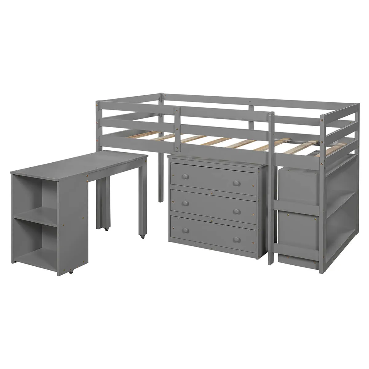 Low Study Twin Loft Bed with Cabinet and Rolling Portable Desk, Gray