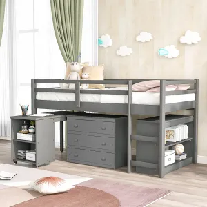 Low Study Twin Loft Bed with Cabinet and Rolling Portable Desk, Gray