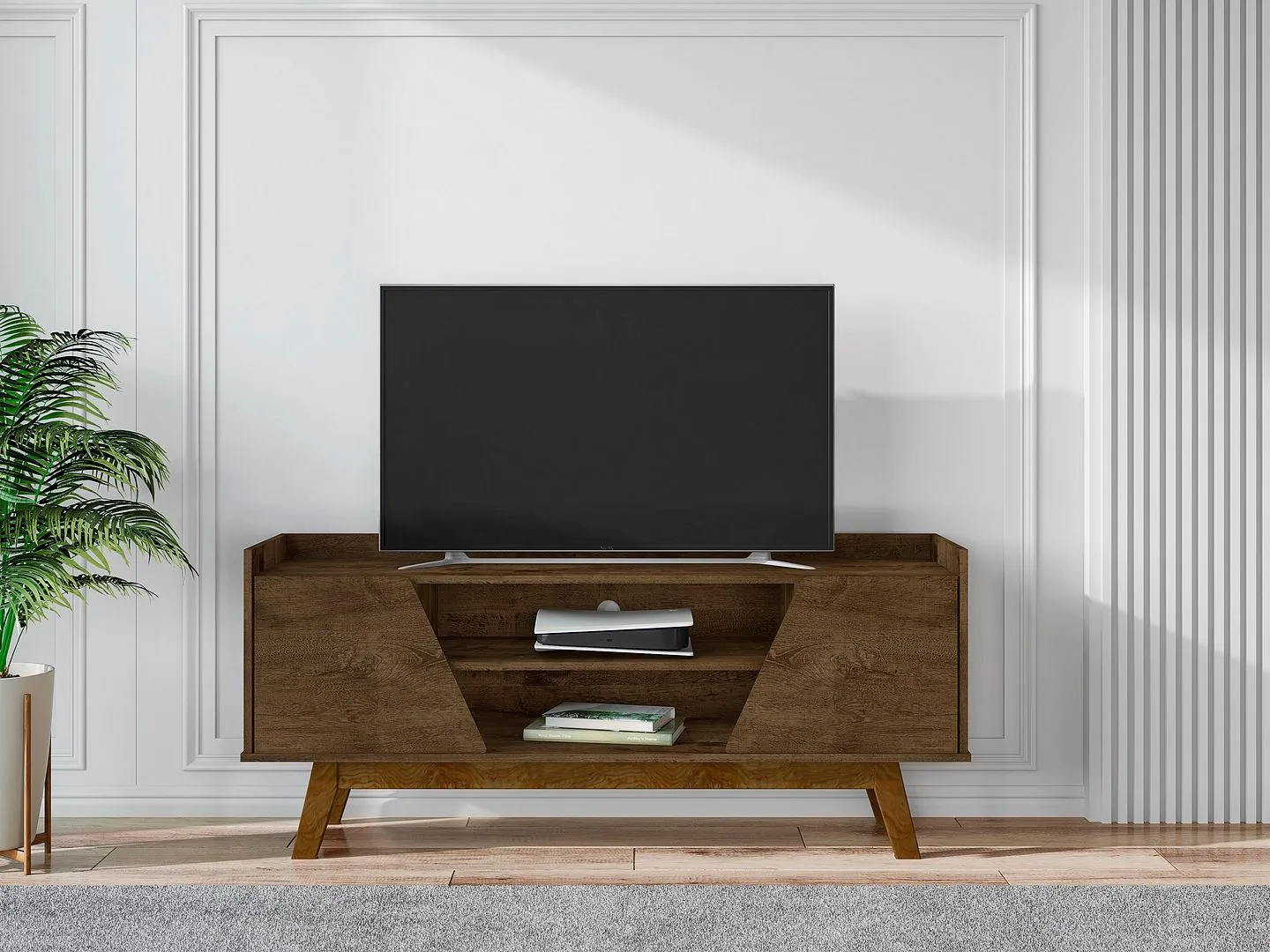 Manhattan Comfort Mid-Century Modern Marcus 53.14 TV Stand with Solid Wood Legs in  Rustic Brown