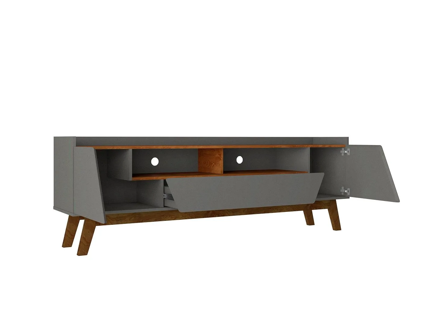 Manhattan Comfort Mid-Century Modern Marcus 70.86 TV Stand with Solid Wood Legs in Grey and Nature