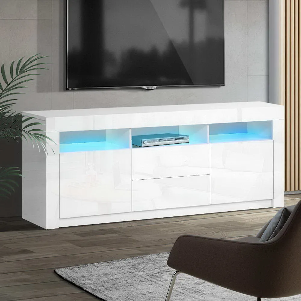 RGB LED TV Stand Cabinet Entertainment Unit Front Gloss White Furniture Storage - 160cm