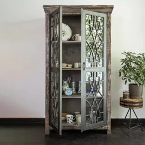 Rustica Handmade Solid Mango Wood Cabinet In Rough Wood Grey Finish