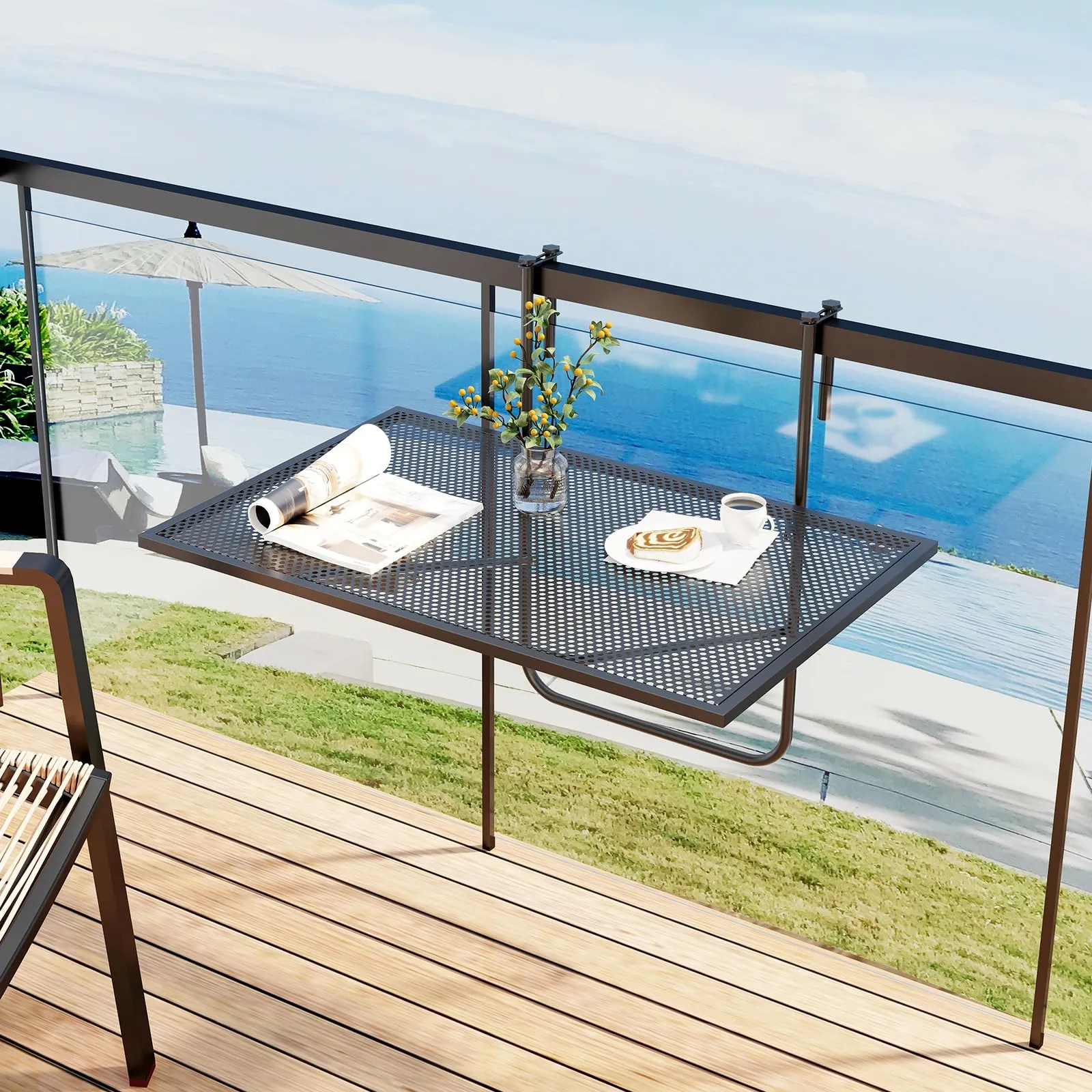 Tangkula Balcony Railing Table, Outdoor Folding Hanging Table with Metal Frame