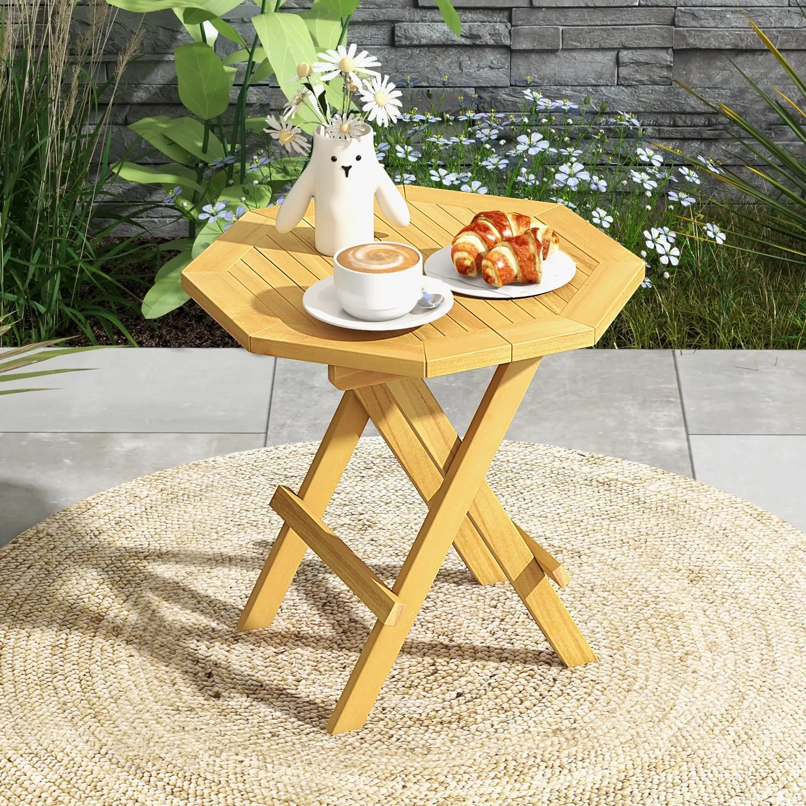 Tangkula Patio Folding Side Table, Teak Wood Octagon Coffee Table, 20” x 20” x 20”