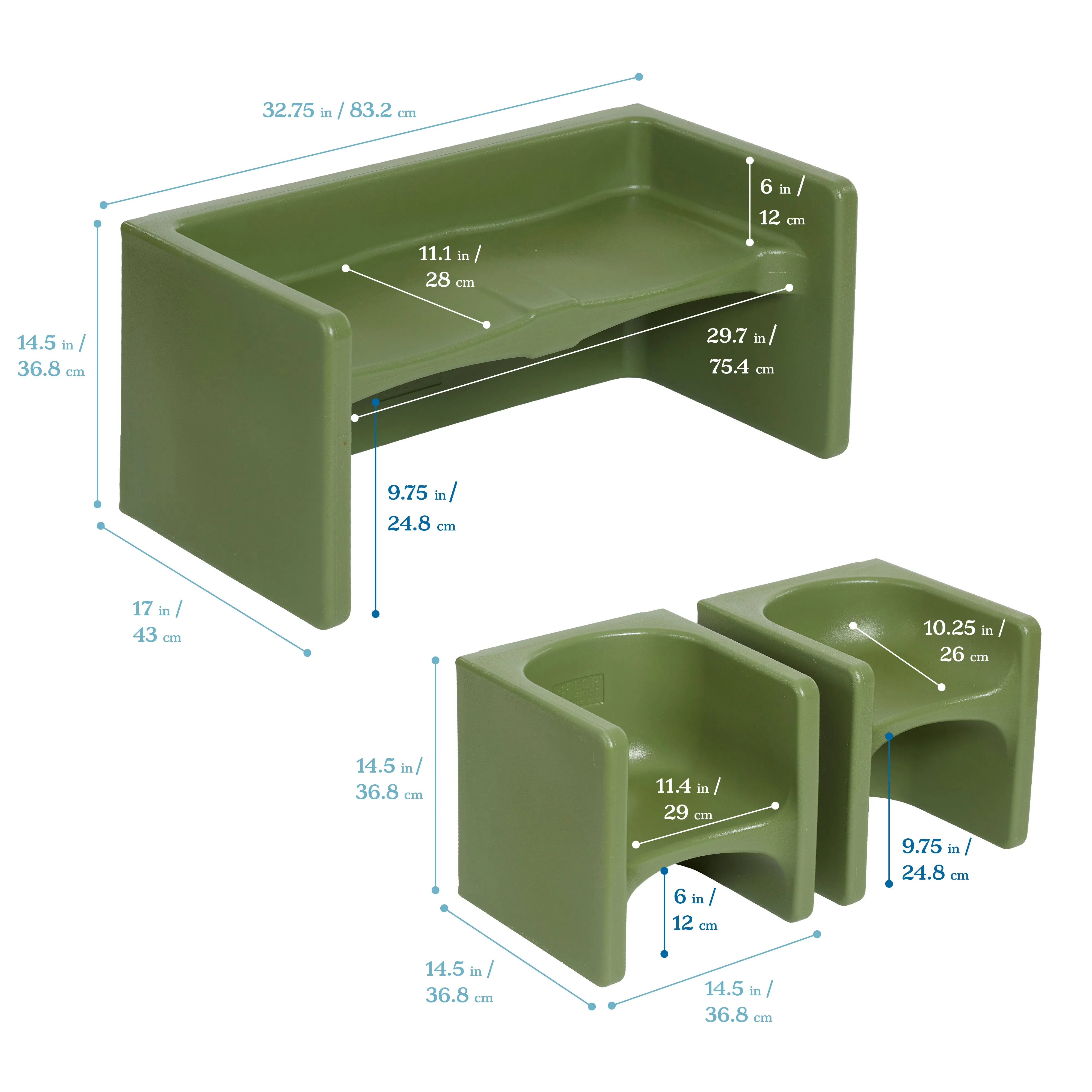 Tri-Me Table and Cube Chair Set, Multipurpose Furniture, 3-Piece