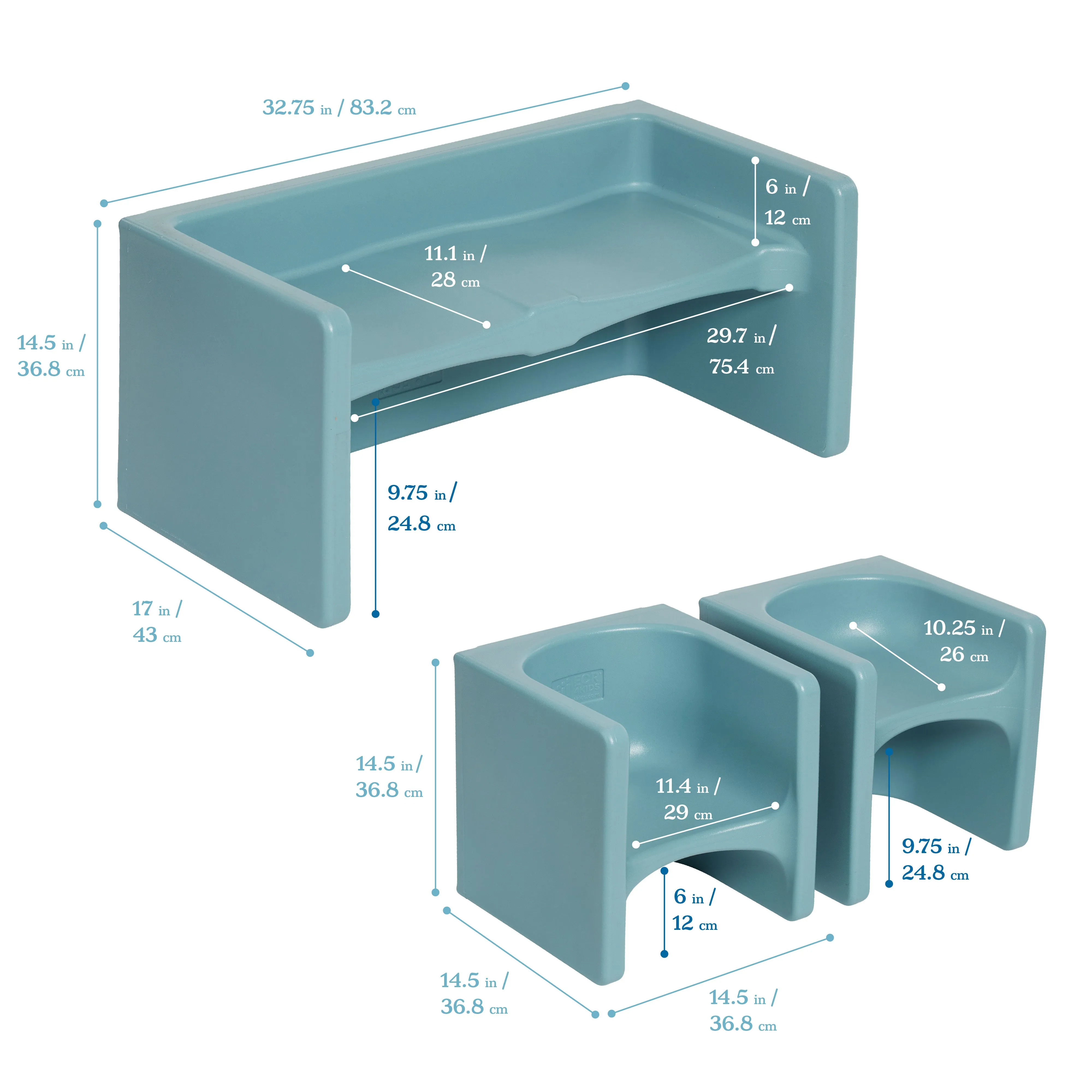 Tri-Me Table and Cube Chair Set, Multipurpose Furniture, 3-Piece