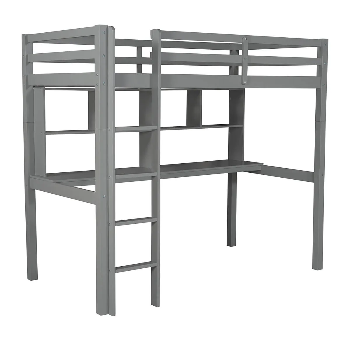 Twin Loft Bed with Desk and Shelves, Gray