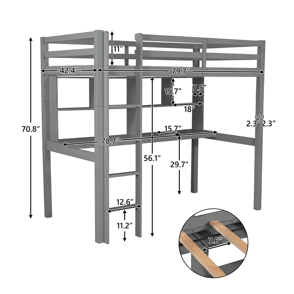 Twin Loft Bed with Desk and Shelves, Gray