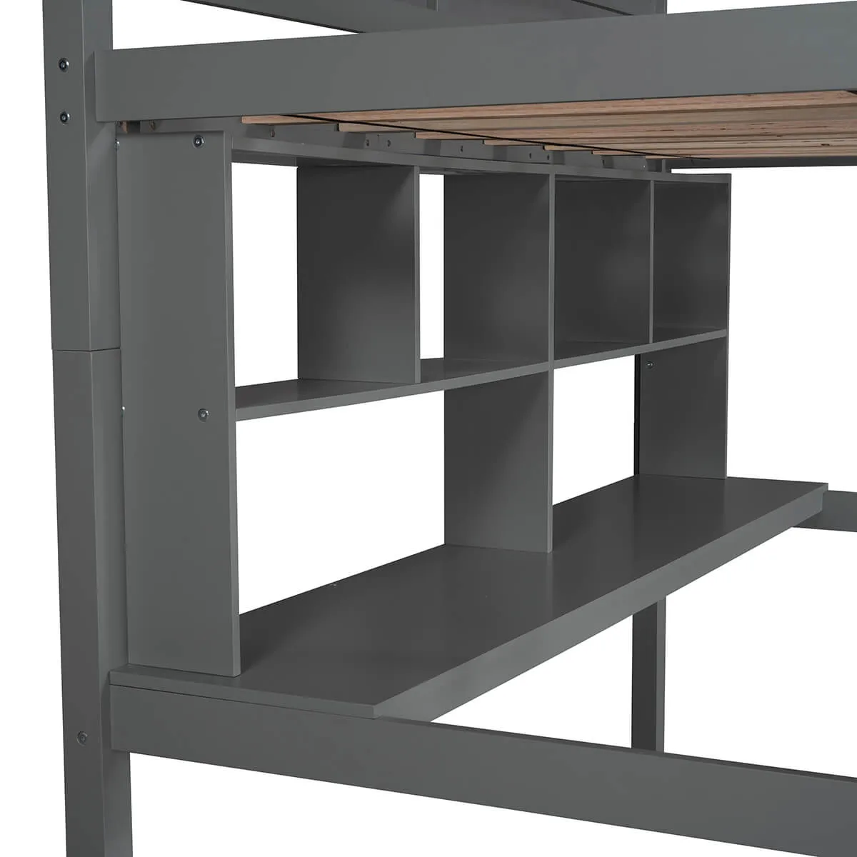 Twin Loft Bed with Desk and Shelves, Gray