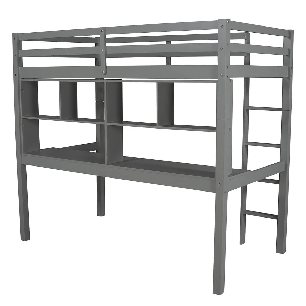 Twin Loft Bed with Desk and Shelves, Gray